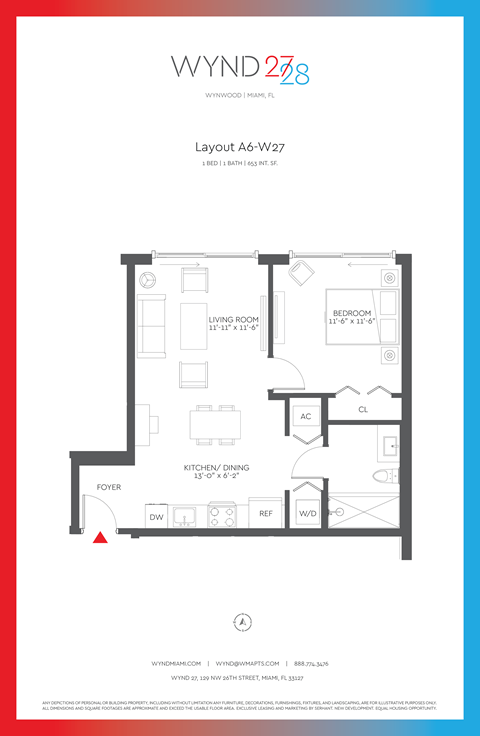 Floor plan for 1 bed, 1 bath, 653 sqft